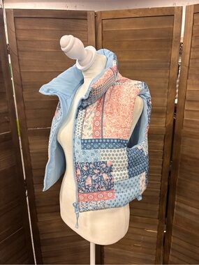 Altar'd State Light Blue and Coral Patchwork Quilted Vest
